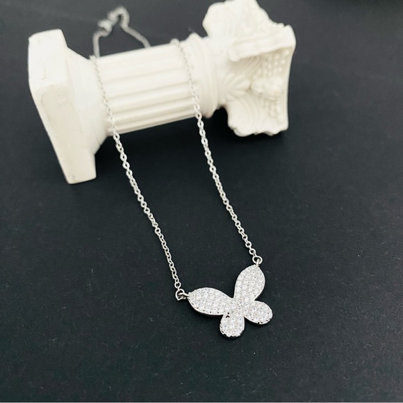 Dainty Silver Necklace, Silver Butterfly Necklace,  CZ Butterfly Necklace, - Picture 5 of 7